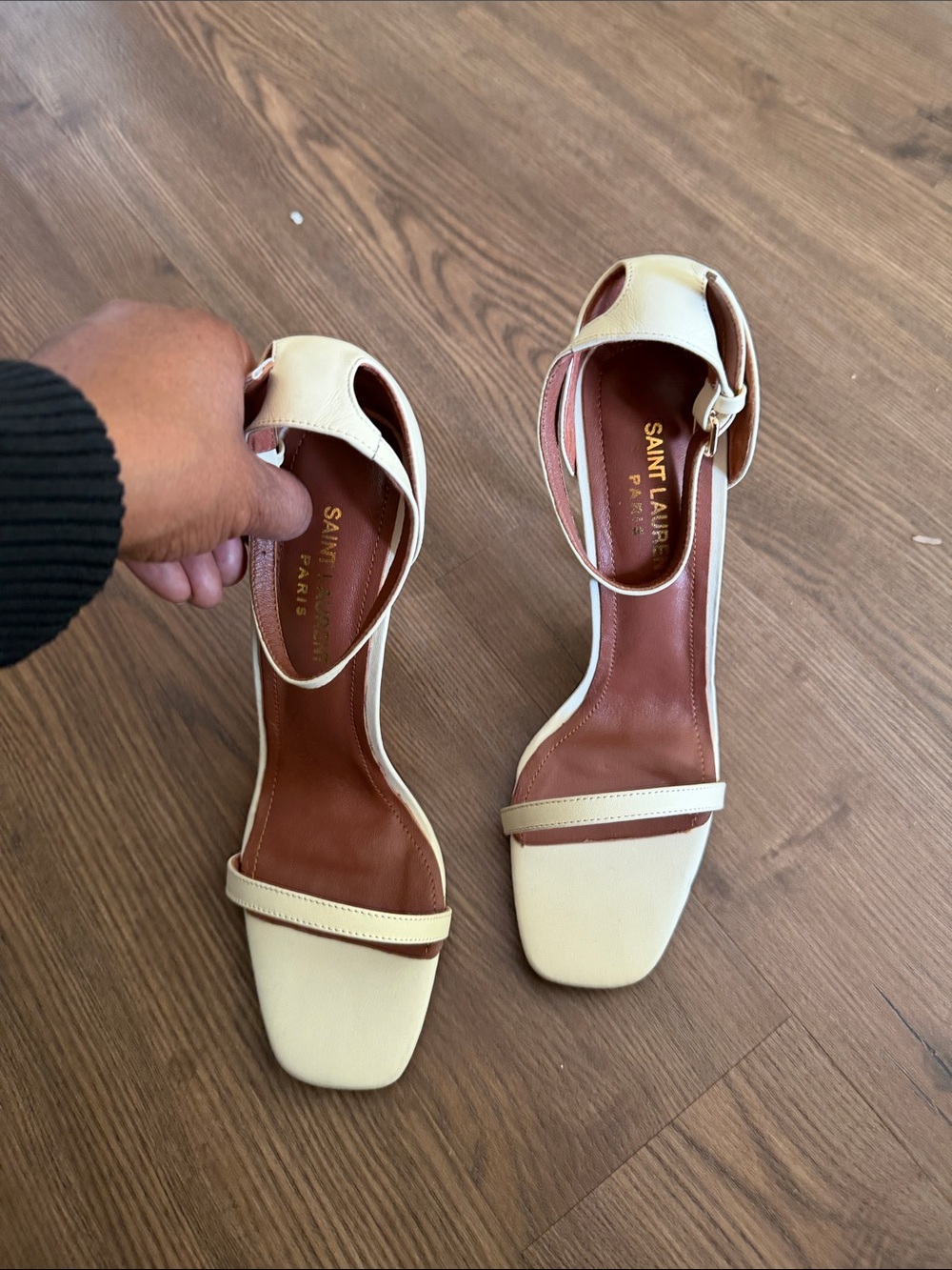Saint Laurent Pale Yellow Leather Open-Toe Heels - Picture 7 of 8